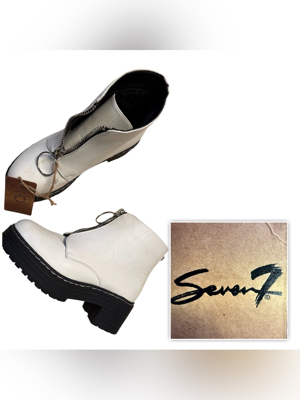 NWT Seven7 Women 8 White leather Zip-Front Chunky Heel platform ankle Boots